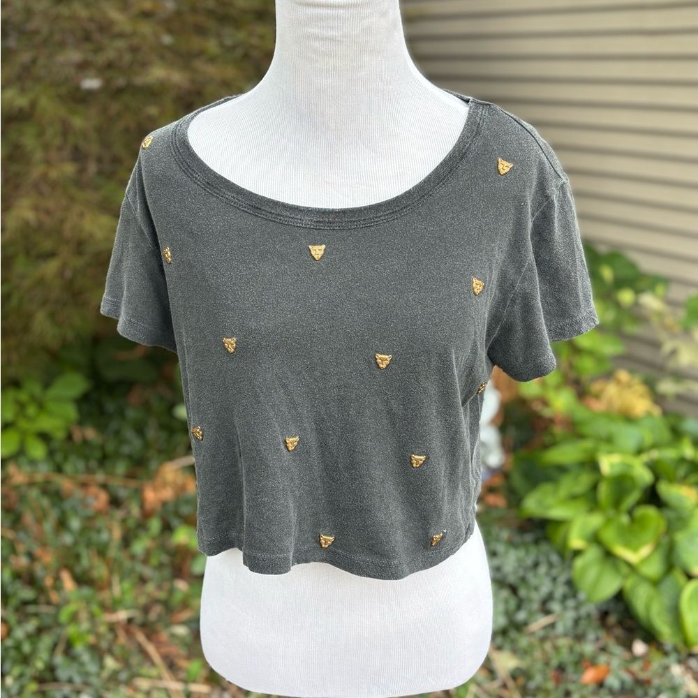 TRULY Charcoal Gray Cropped Tee with Gold Embellishments